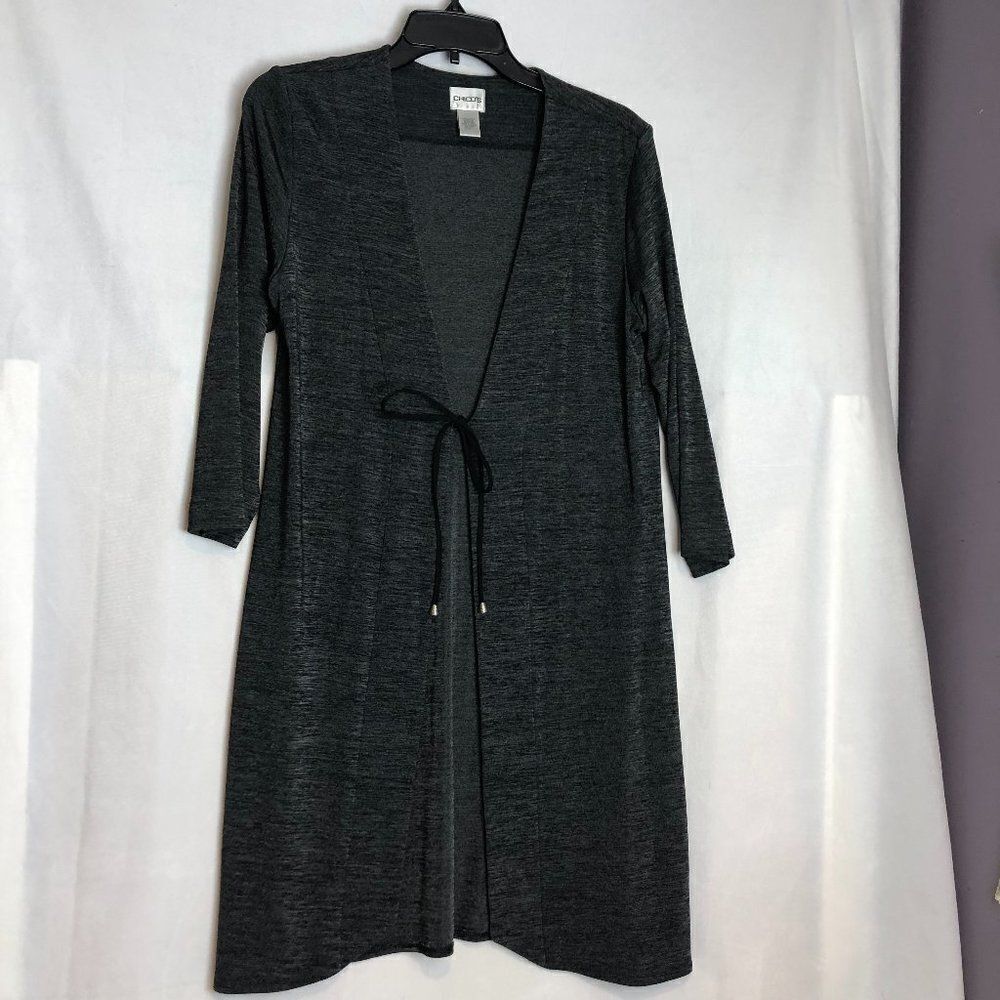 Chicos Gray Long Cardigan Duster Tag Size 1 Open Front with tie.              KS